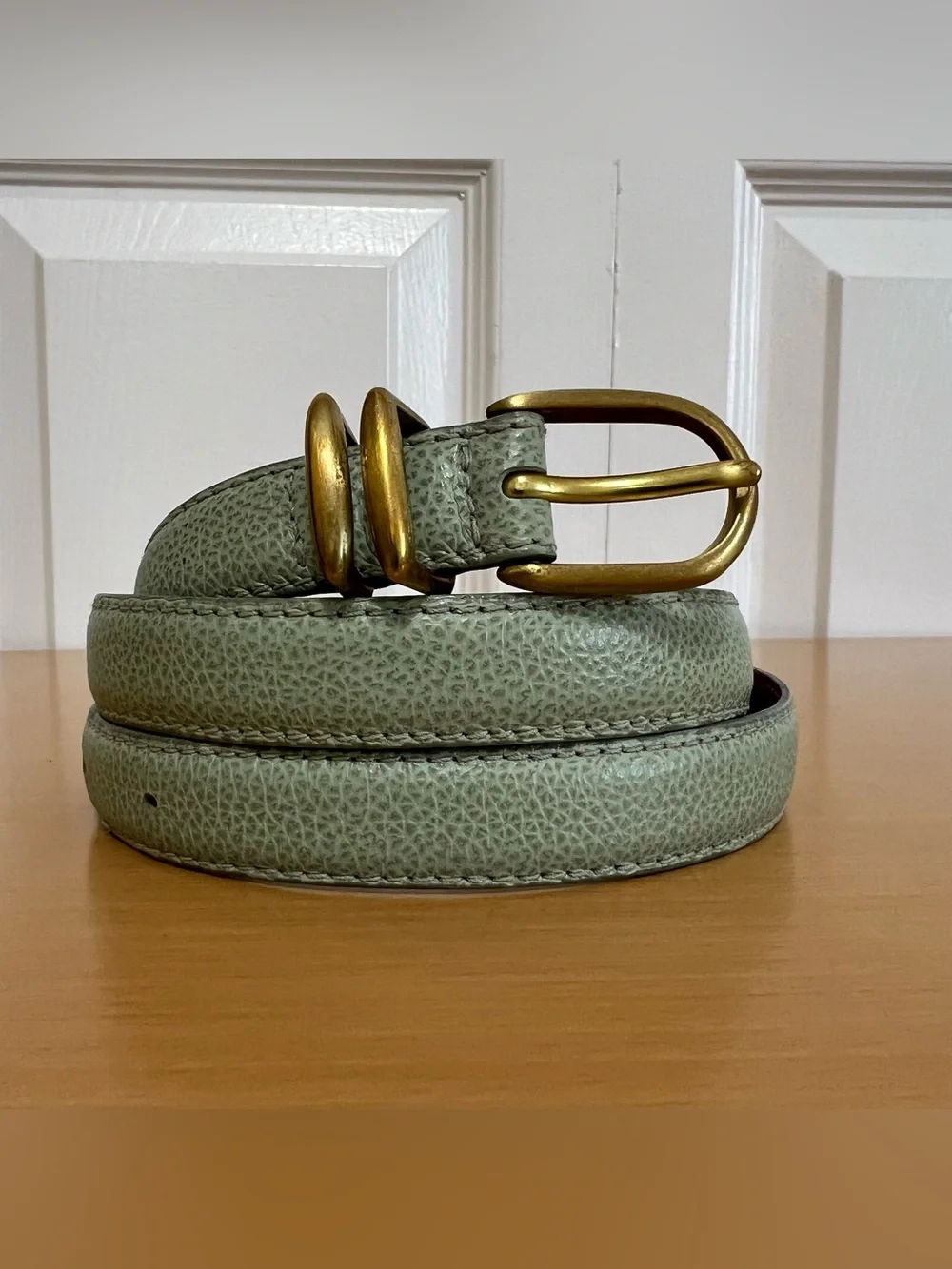 Coach Women’s Light Green Slim Leather Belt Solid Brass Buckle Italy Size Medium